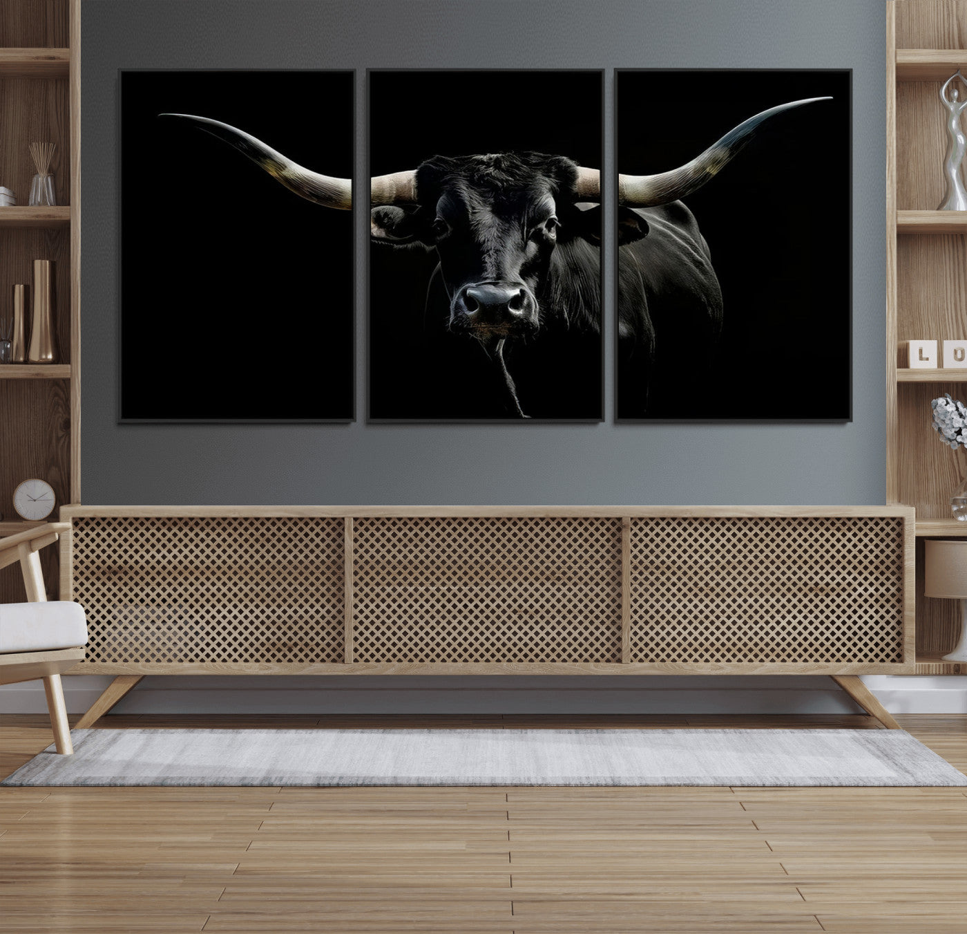 MGV-FC-60X30-3P - Texas Black Longhorn Bull Wall Art Canvas Print - Western Texas Cattle Rustic Decor Print - Longhorn