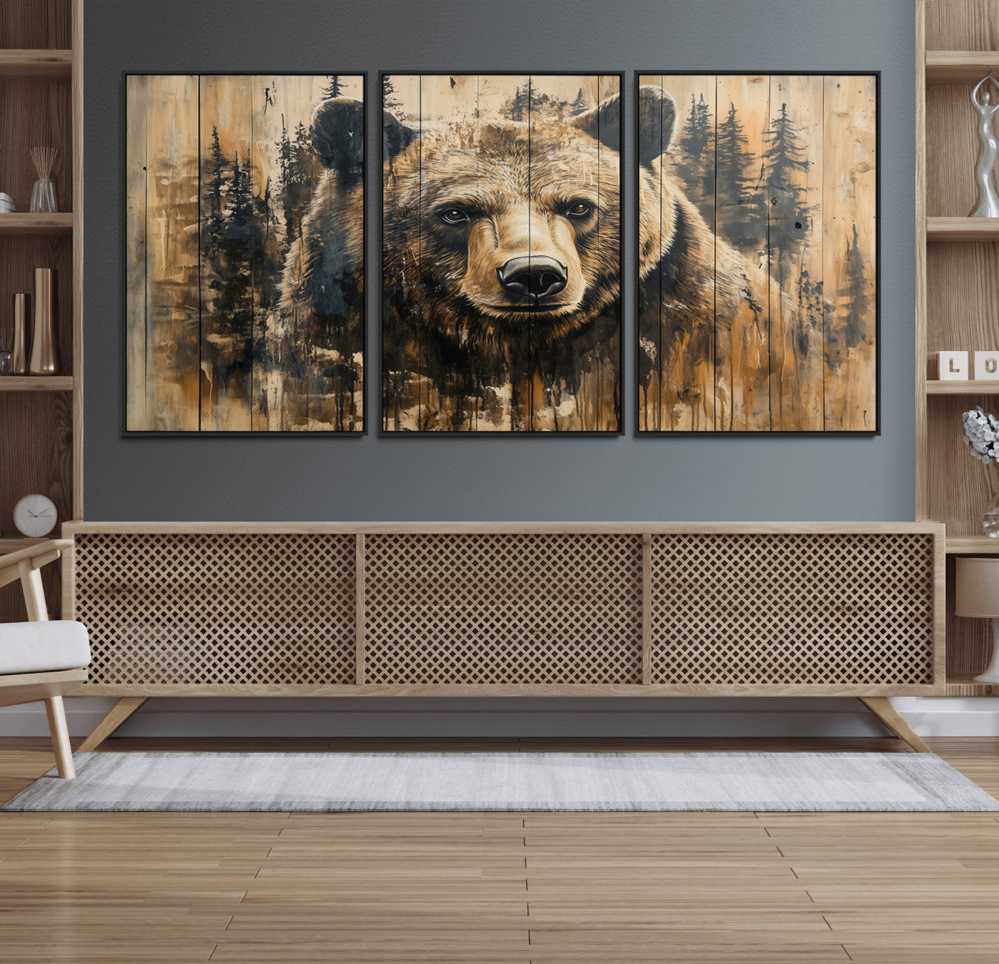41362-MGV-FC-60X30-3P_Black-Majestic Grizzly 399 Bear Wall Art | 3-Panel Rustic Canvas Print for Living Room, Office, or Cabin
