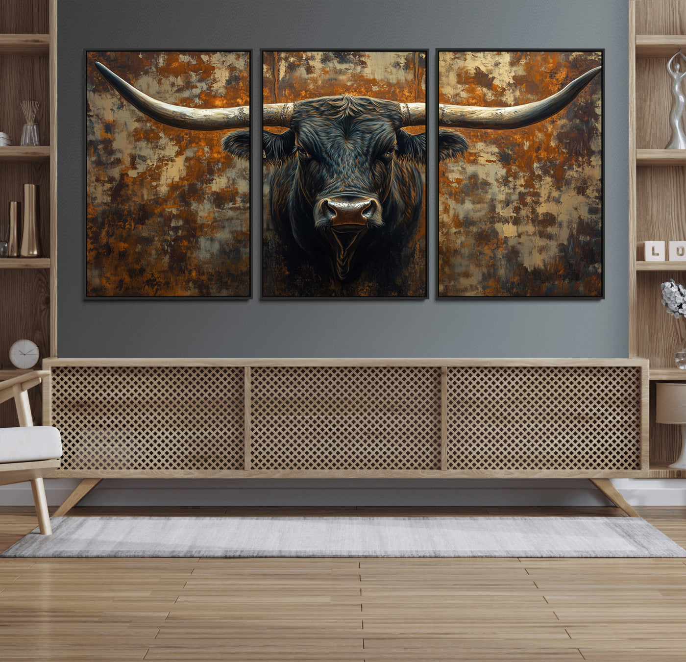 68068-MGV-FC-60X30-3P_Black-Longhorn Texas Cow Bull Wall Art | Rustic Farmhouse Canvas Print | Ready to Hang Barn Decor for