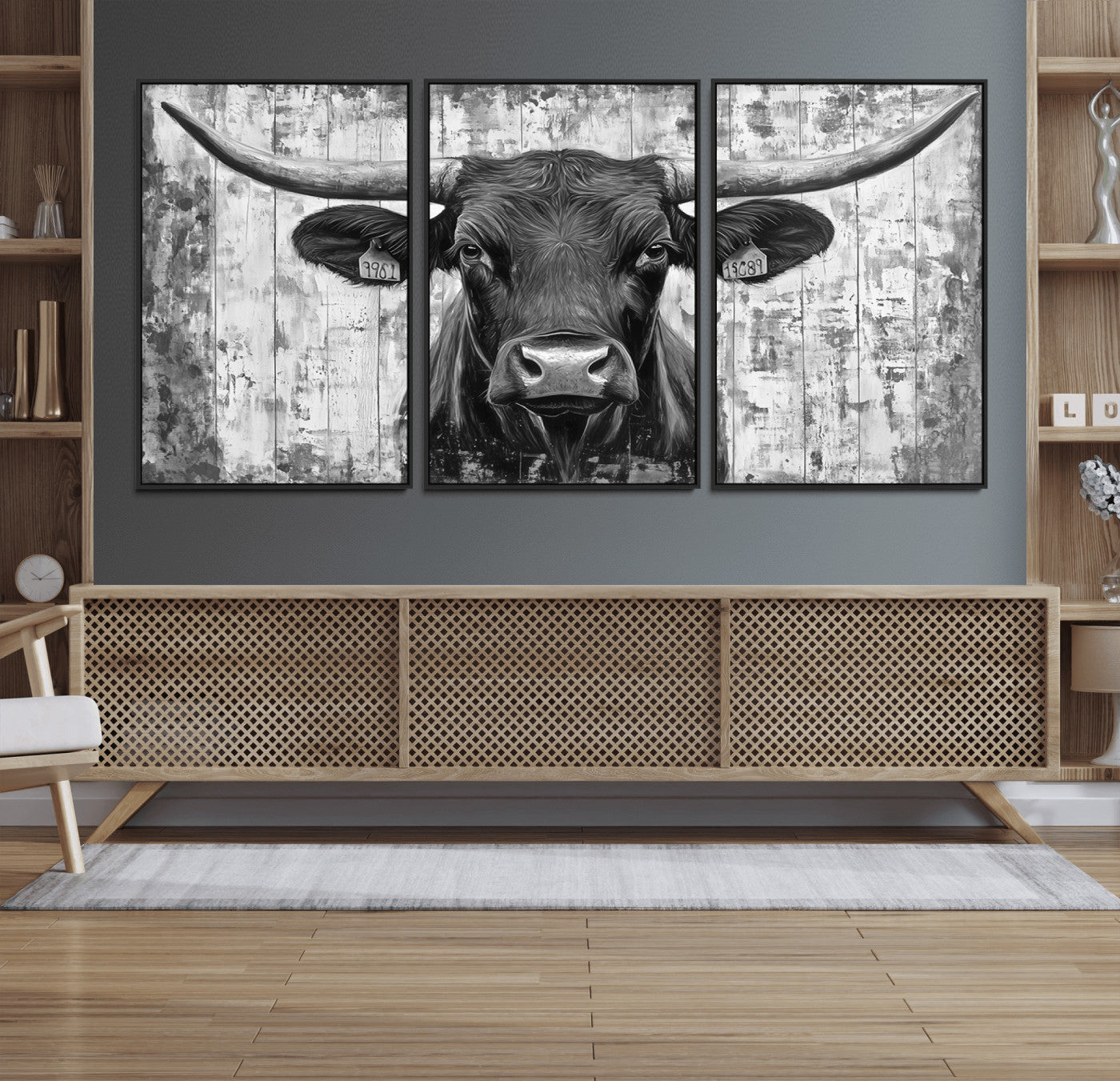 MGV-FC-60X30-3P - Abstract Longhorn Bull Wall Art Canvas Print - Rustic Texas Western Cow Artwork