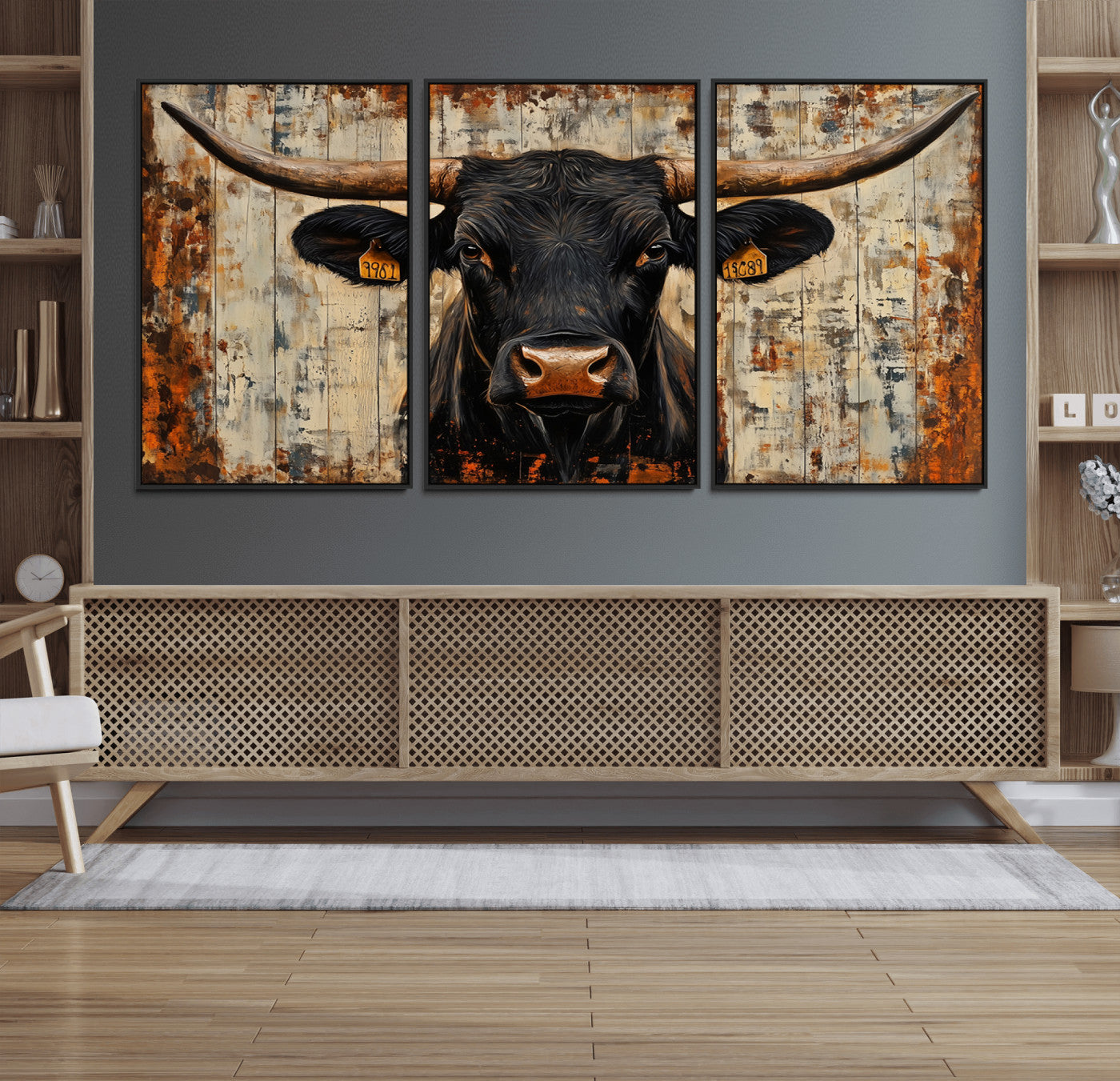 MGV-FC-60X30-3P - Rustic Texas Artwork Wall Art Canvas Print - Abstract Cow Longhorn Bull Wall Art Canvas Print
