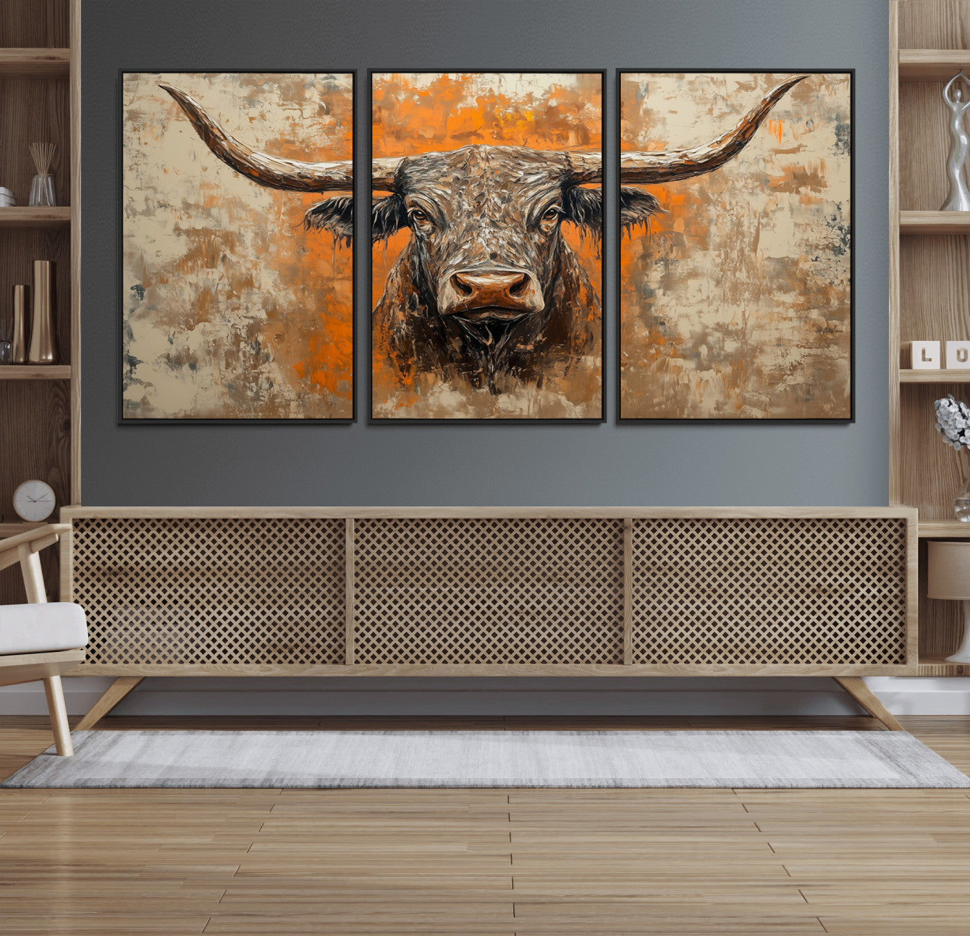 MGV-FC-60X30-3P - Abstract Cow Longhorn Bull Wall Art Canvas Print - Rustic Texas Western Cattle Artwork