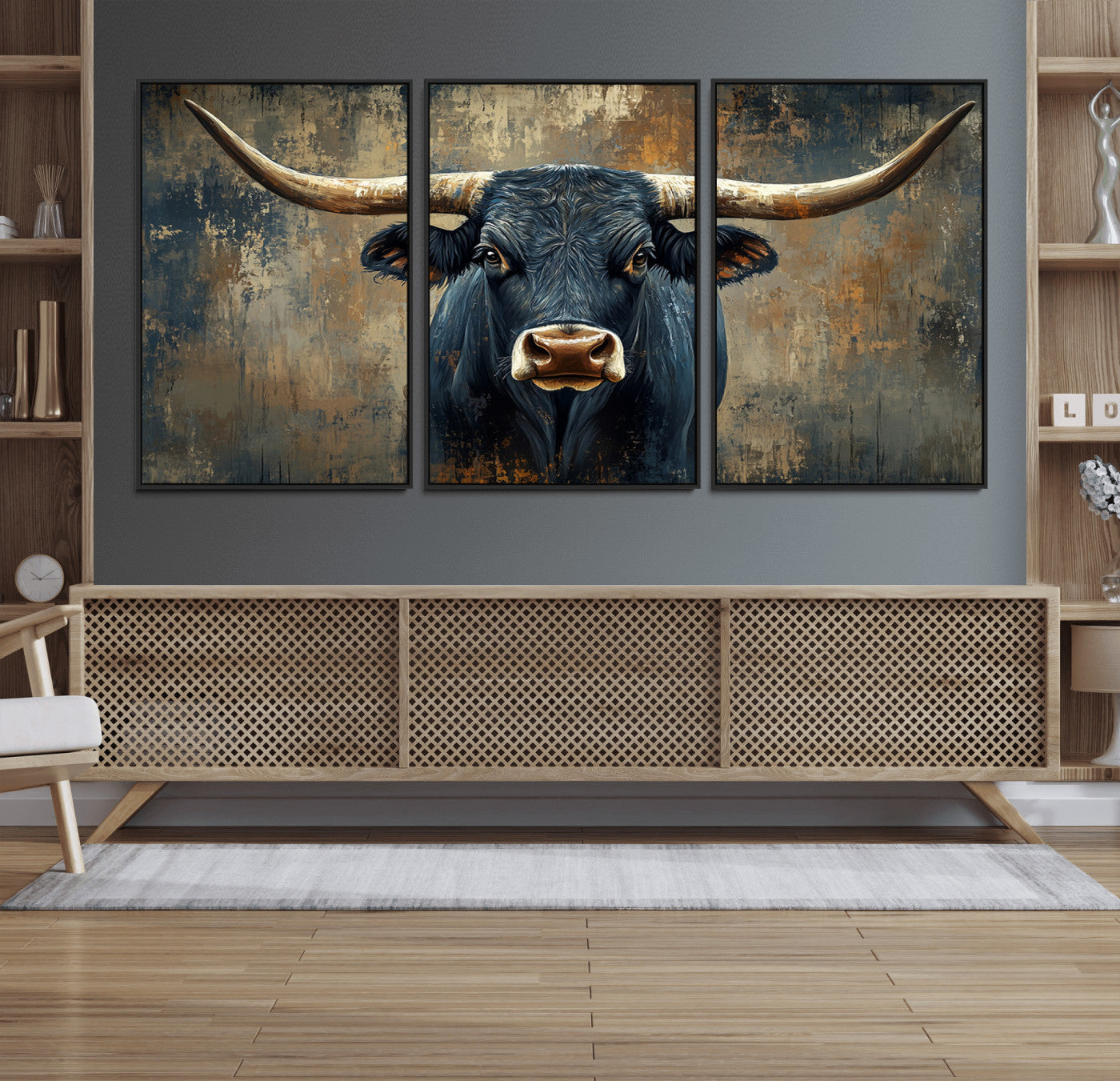42026-MGV-FC-60X30-3P_Black-Texas Western Wall Art Canvas Print - Abstract Cow Longhorn Bull Wall Art Canvas Print - Rustic Cow