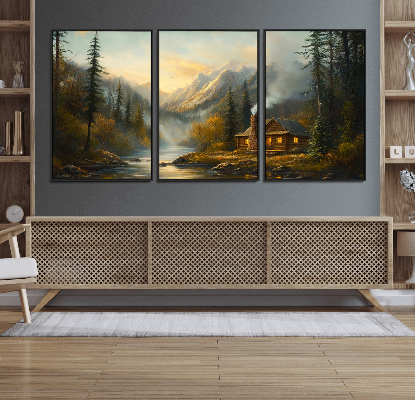MGV-FC-60X30-3P - Wood Cabin Retreat Mountain at Sunset Wall Art Print - Serene Forest and River Landscape Wall Art