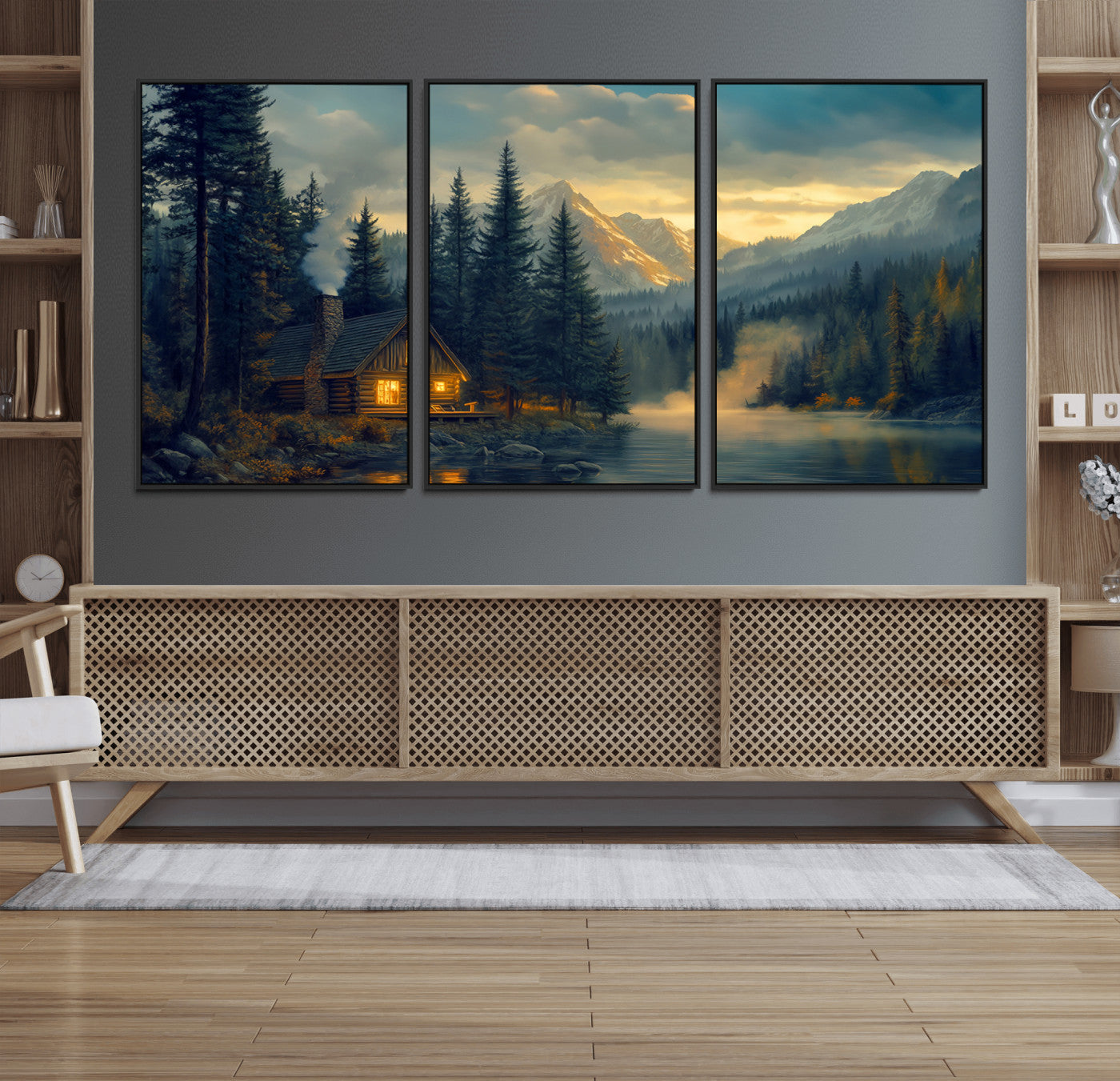 MGV-FC-60X30-3P - Mountain Cabin by the Lake at Sunset Wall Art - Serene Nature Canvas Print for Living Room Decor,