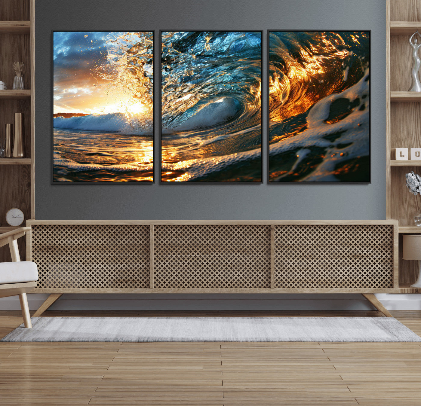 41370-MGV-FC-60X30-3P_Black-Ocean Wave at Sunset Canvas Wall Art – Vibrant Coastal Beach Waves Print, Large Nautical Decor,