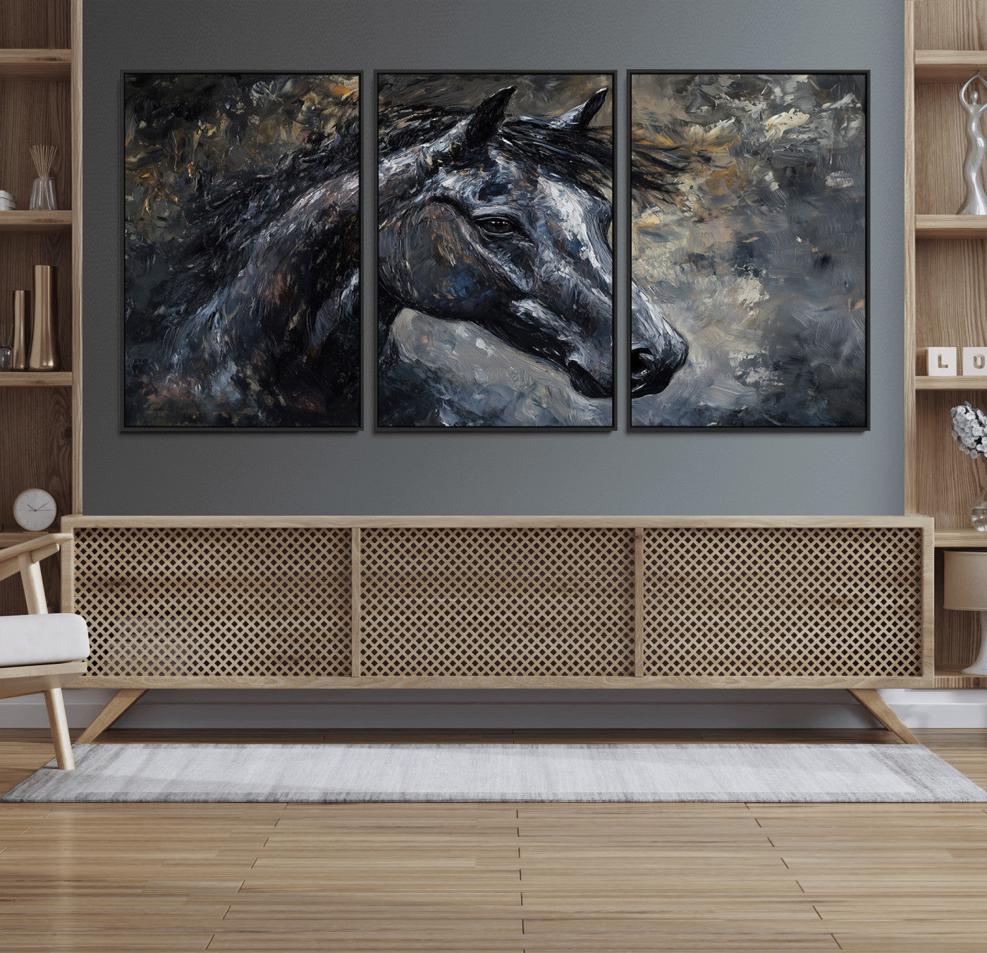 74166-MGV-FC-60X30-3P_Black-Large Abstract Horse Wall Art Canvas Print | Farmhouse Wall Decor | Rustic Horse Art | Western Cabin