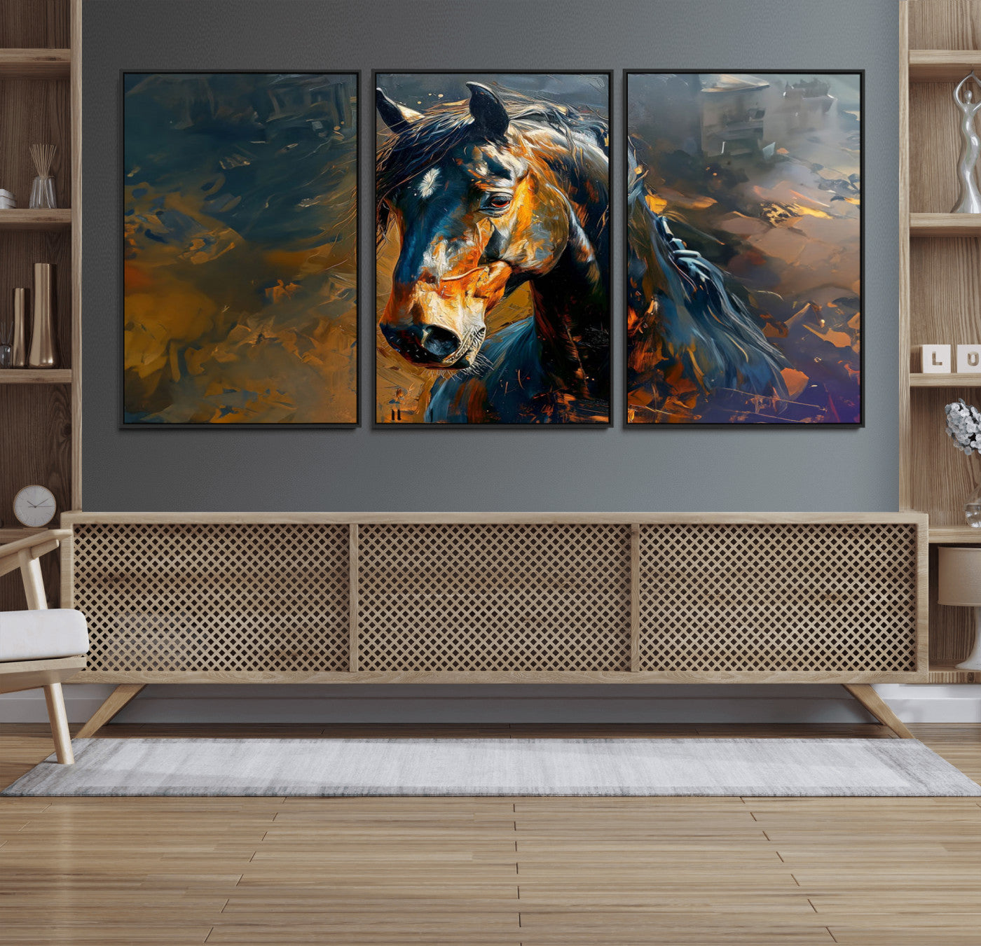 29909-MGV-FC-60X30-3P_Black-Abstract Horse Wall Art Canvas Print | Farmhouse Wall Decor | Western Cabin Art | Rustic Horse Decor