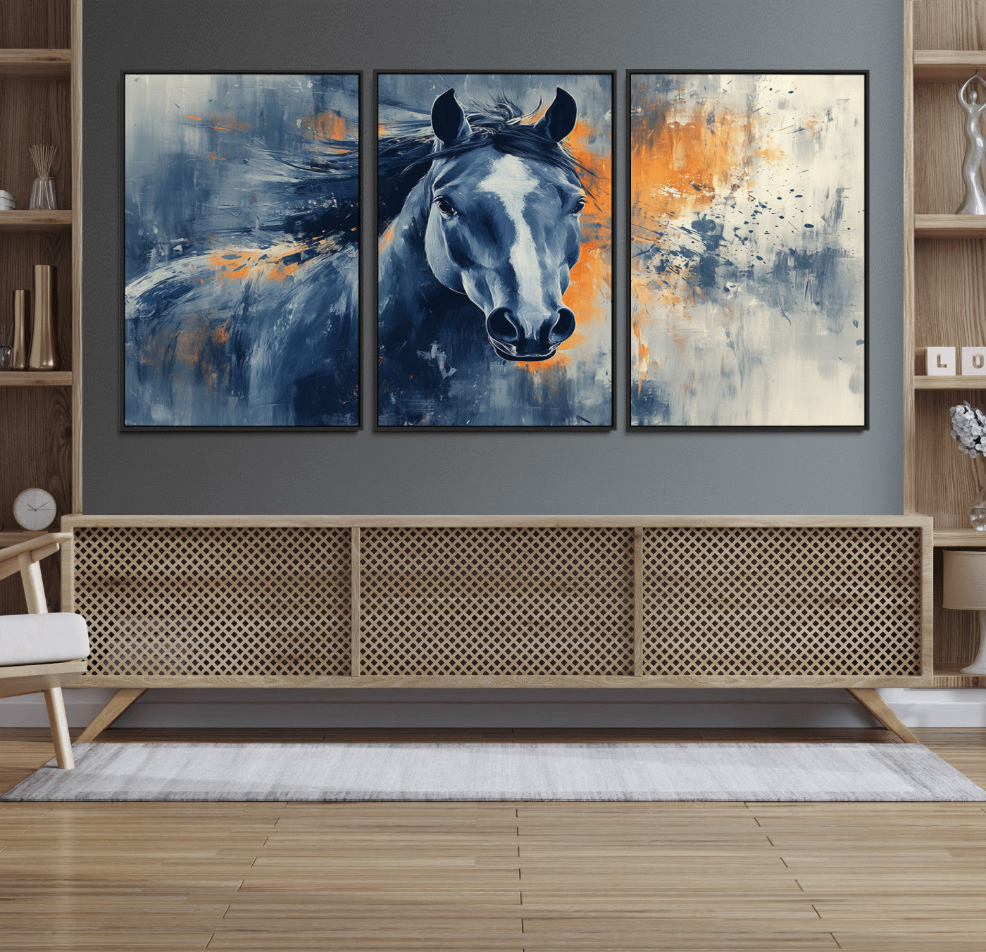 52676-MGV-FC-60X30-3P_Black-Abstract Blue Horse Wall Art Print Canvas | Horse Wall Art Print | Western Decor for Farmhouse |