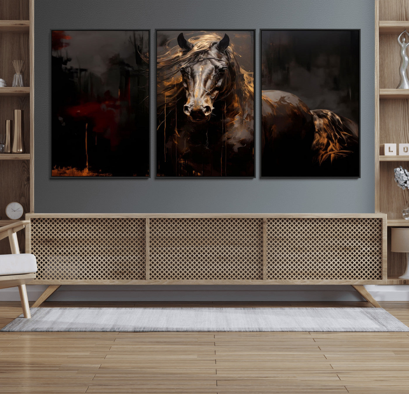 MGV-FC-60X30-3P - Abstract Black Horse Canvas Print for Farmhouse Wall Art | Abstract Equine Wall Art | Western Decor