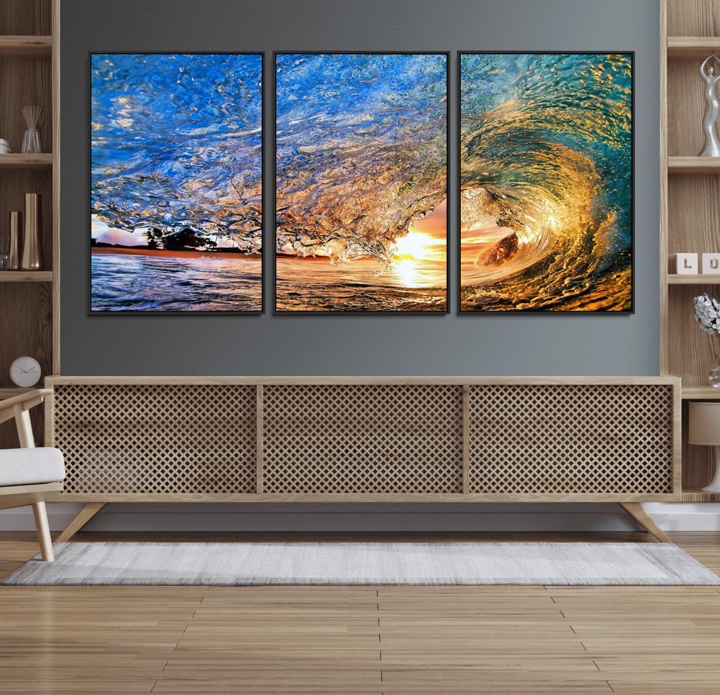 84627-MGV-FC-60X30-3P_Black-Ocean Wave at Sunset Canvas Wall Art – Vibrant Coastal Beach Waves Print, Large Nautical Decor,