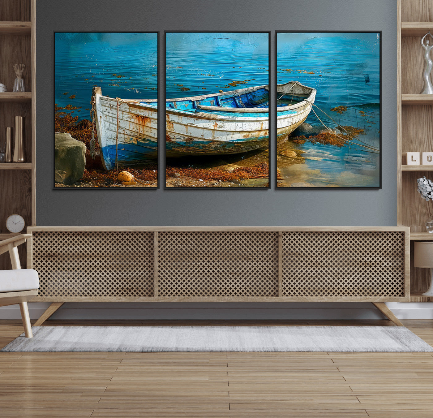 54716-MGV-FC-60X30-3P_Black-Vintage Boat on Tranquil Waters | Coastal Wall Art for Nautical Decor | Rustic Triptych Canvas Print