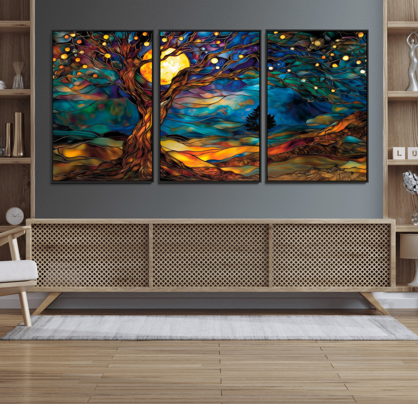 18319-MGV-FC-60X30-3P_Black-Tree of Life Wall Art - Yggdrasil Tree of Life Canvas Print - Vibrant Moonlit Tree Wall Art, Tree
