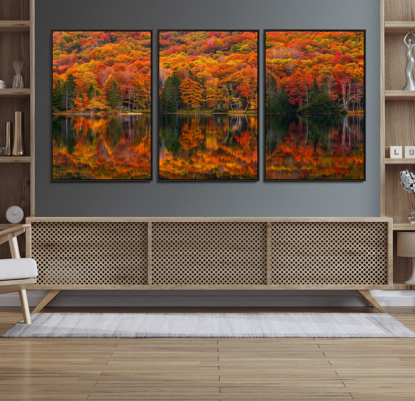 MGV-FC-60X30-3P - Fall Foliage Wall Art - Autumn Reflection Canvas Print, Stunning Fall Foliage Wall Art, Serene Lake