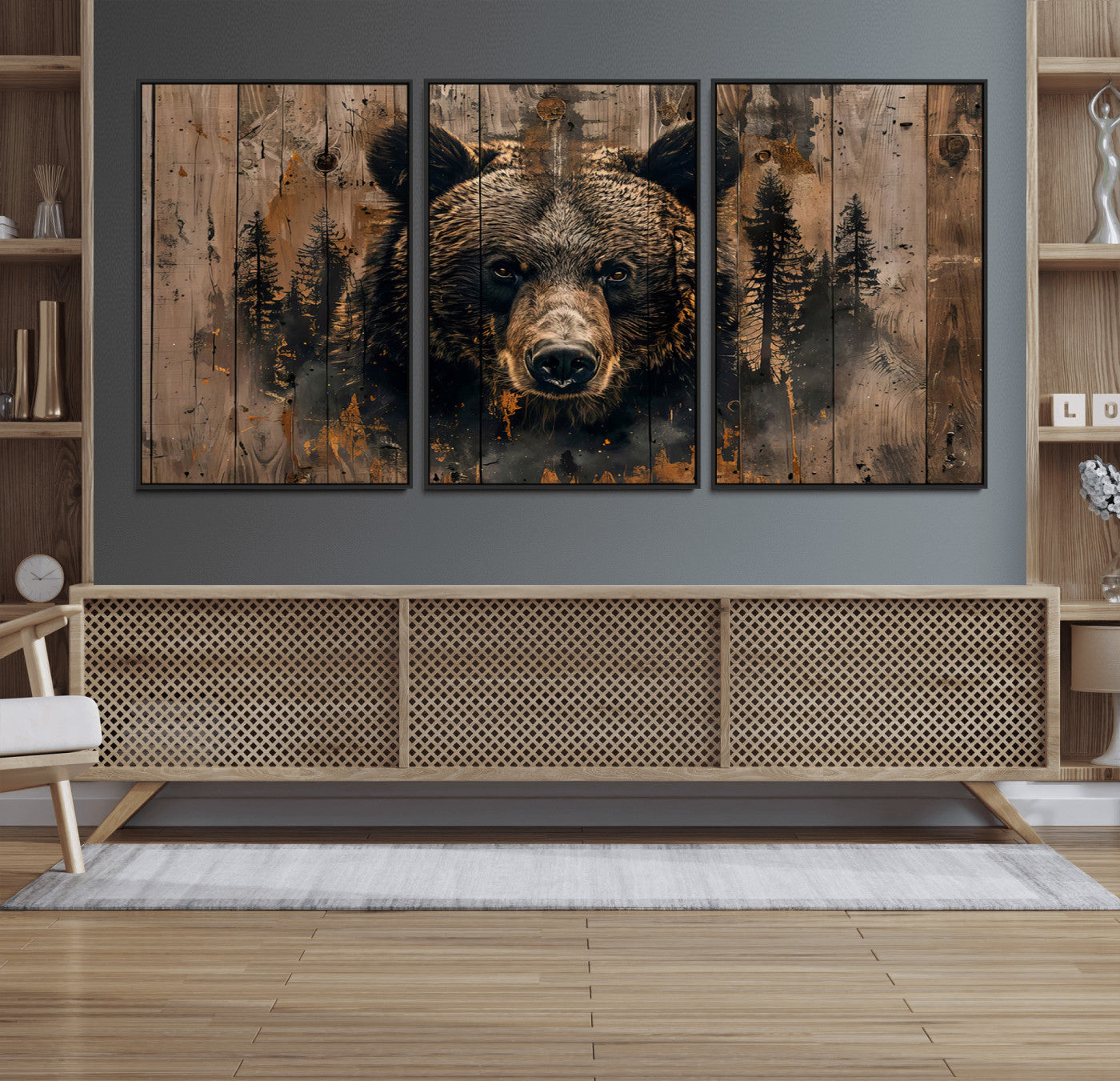 76998-MGV-FC-60X30-3P_Black-Rustic Grizzly 399 Wall Art | Triptych Canvas Print | Rustic Cabin Wall Decor | Perfect for