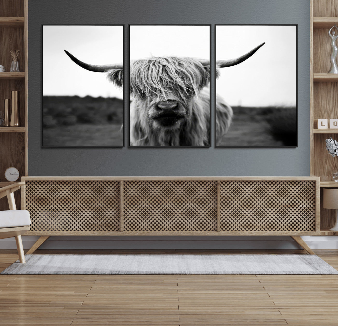 44157-MGV-FC-60X30-3P_Black-Highland Cow Wall Art | Black and White Farmhouse Decor | Triptych Canvas Print | Rustic Barn Decor