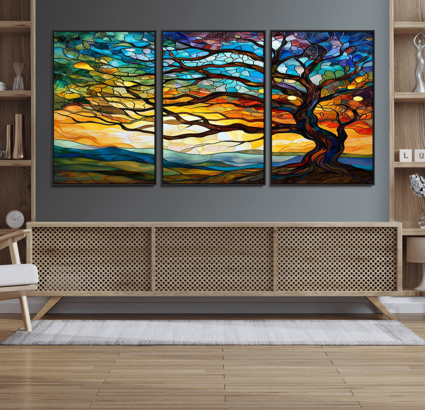 MGV-FC-60X30-3P - Vibrant Mosaic Tree of Life Wall Art | Stained Glass Style Canvas Print | Ready to Hang Artistic