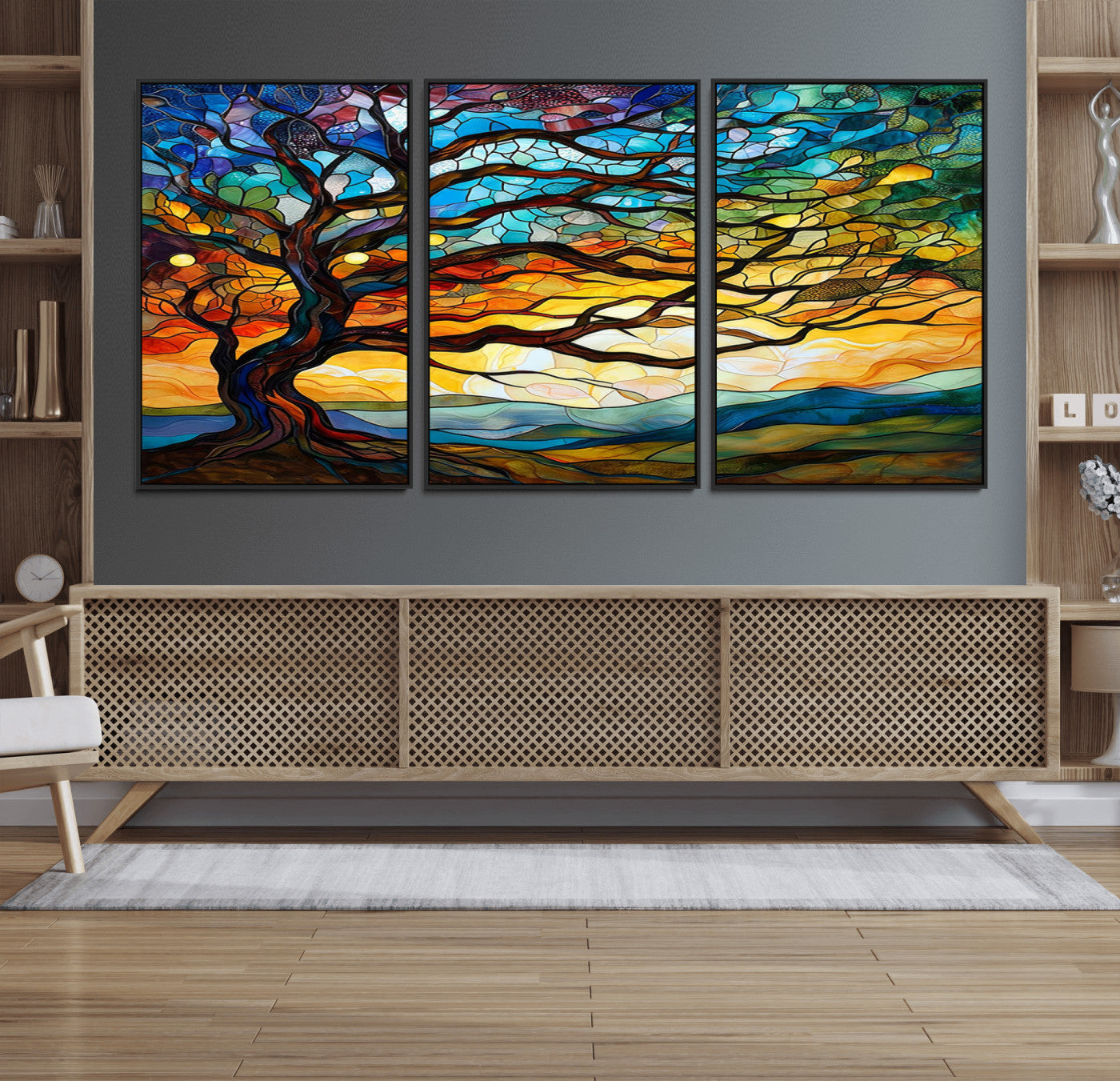 64765-MGV-FC-60X30-3P_Black-Mosaic Tree Wall Art | Ready to Hang Stained Glass Style Canvas Print | Farmhouse Wall Decor, Cabin