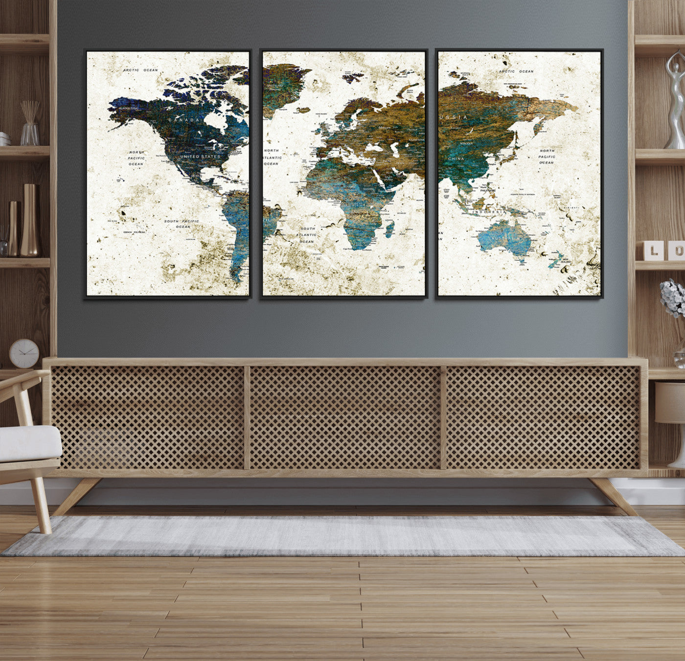 89176-MGV-FC-60X30-3P_Black-Vintage Blue and Brown World Map Canvas Wall Art – Framed Rustic Map Print, Earth Tone Travel Decor for Stylish Home and Office Walls