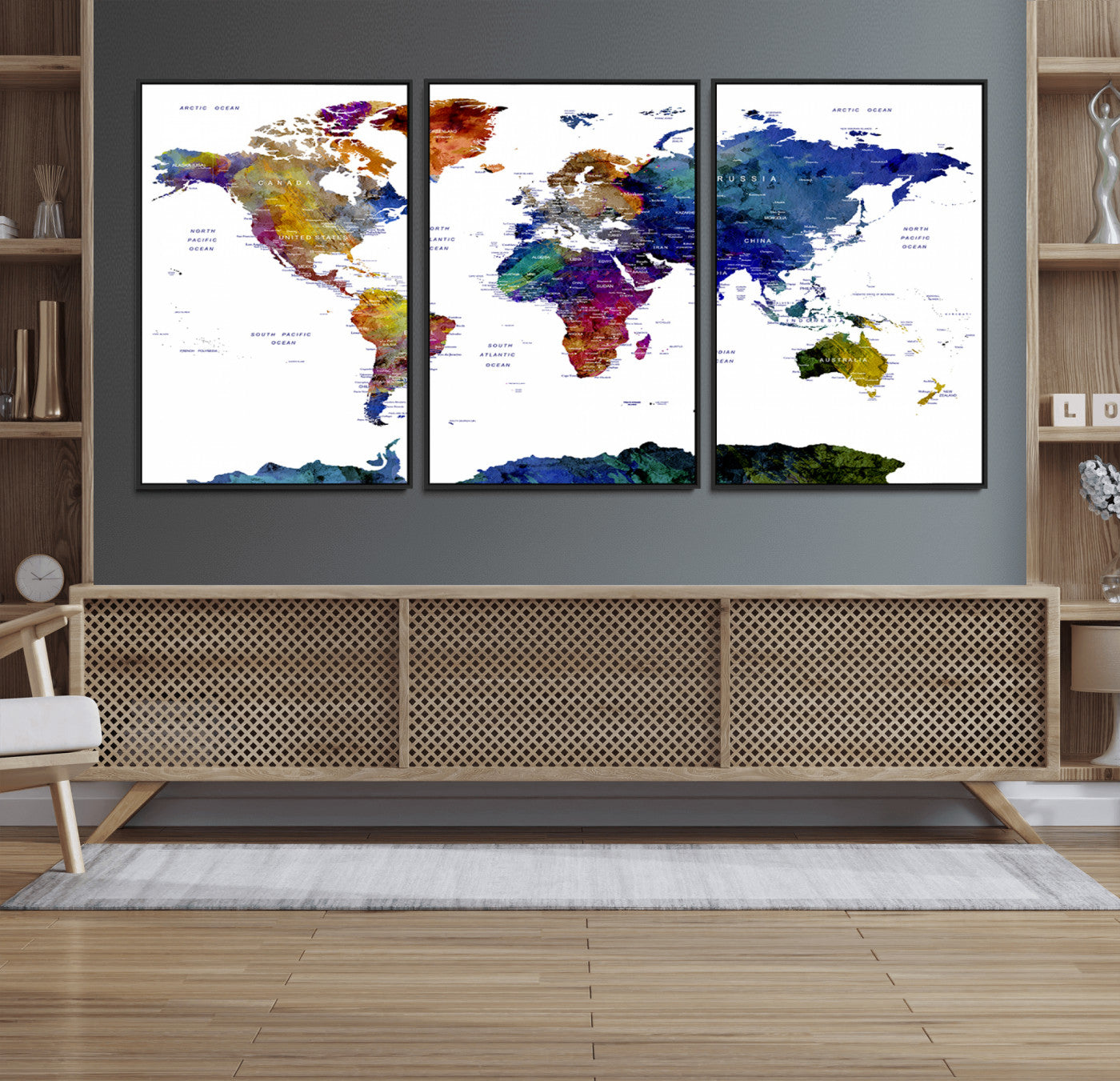 90446-MGV-FC-60X30-3P_Black-Colorful Watercolor World Map Canvas Wall Art – Framed Modern Push Pin Travel Map for Home and Office Decor