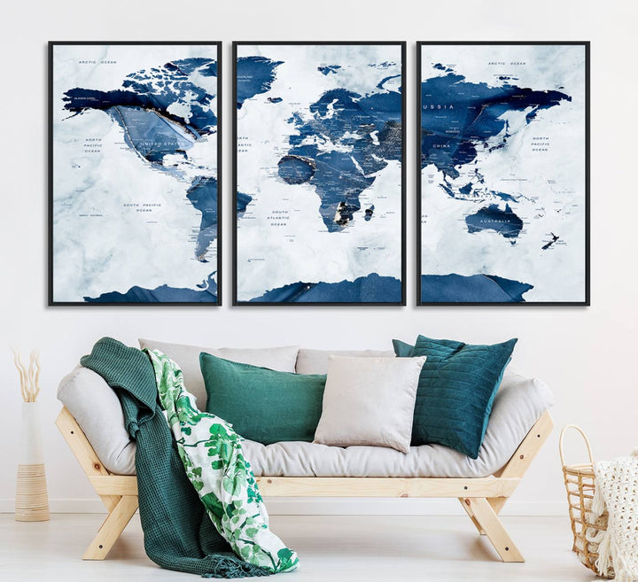 Navy Blue World Map with Antarctica Canvas: A perfect abstract home decor piece featuring a grunge-stained background.