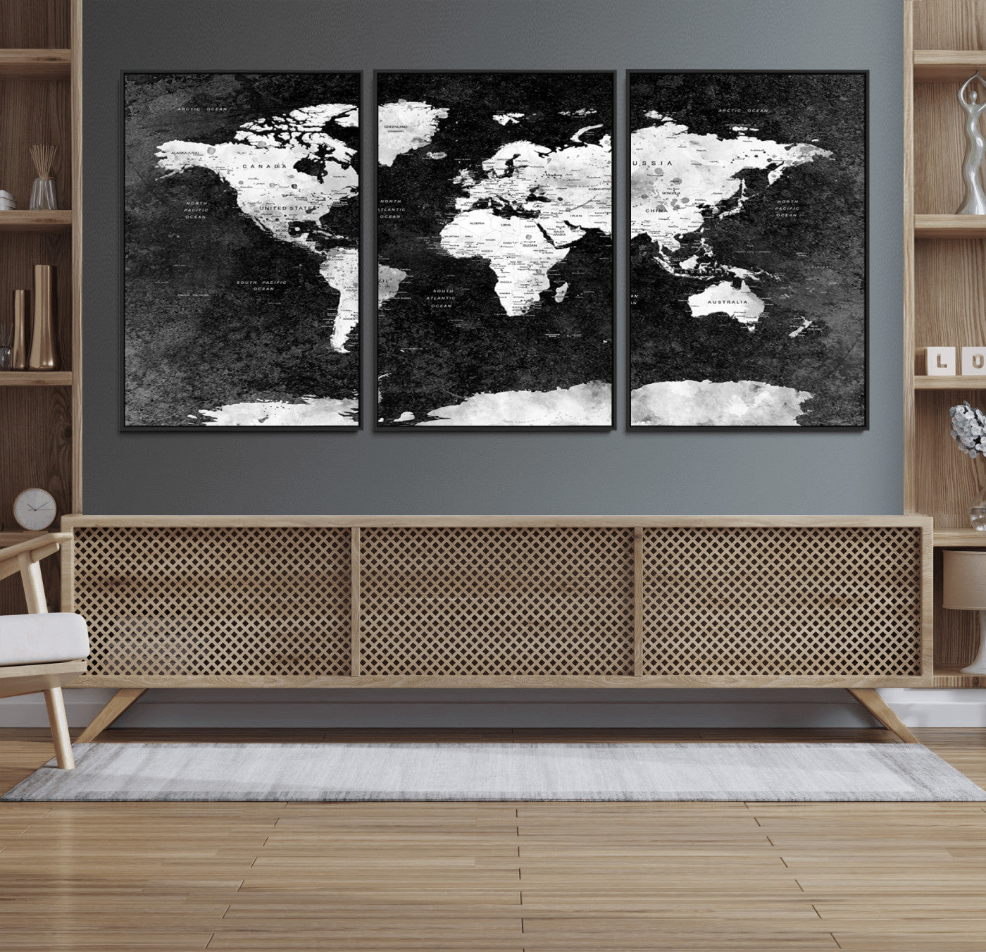 90682-MGV-CV-36X24-Black and White World Map Canvas Print – Framed Push Pin Wall Art for Couples, Modern Minimalist Travel Map for Elegant Home and Office Decor