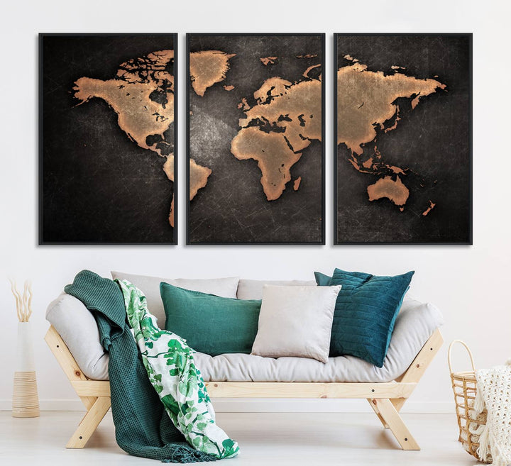 Maroon World Map Wall Art: Copper continents on a grunge-stained canvas, ideal for enhancing your decor.