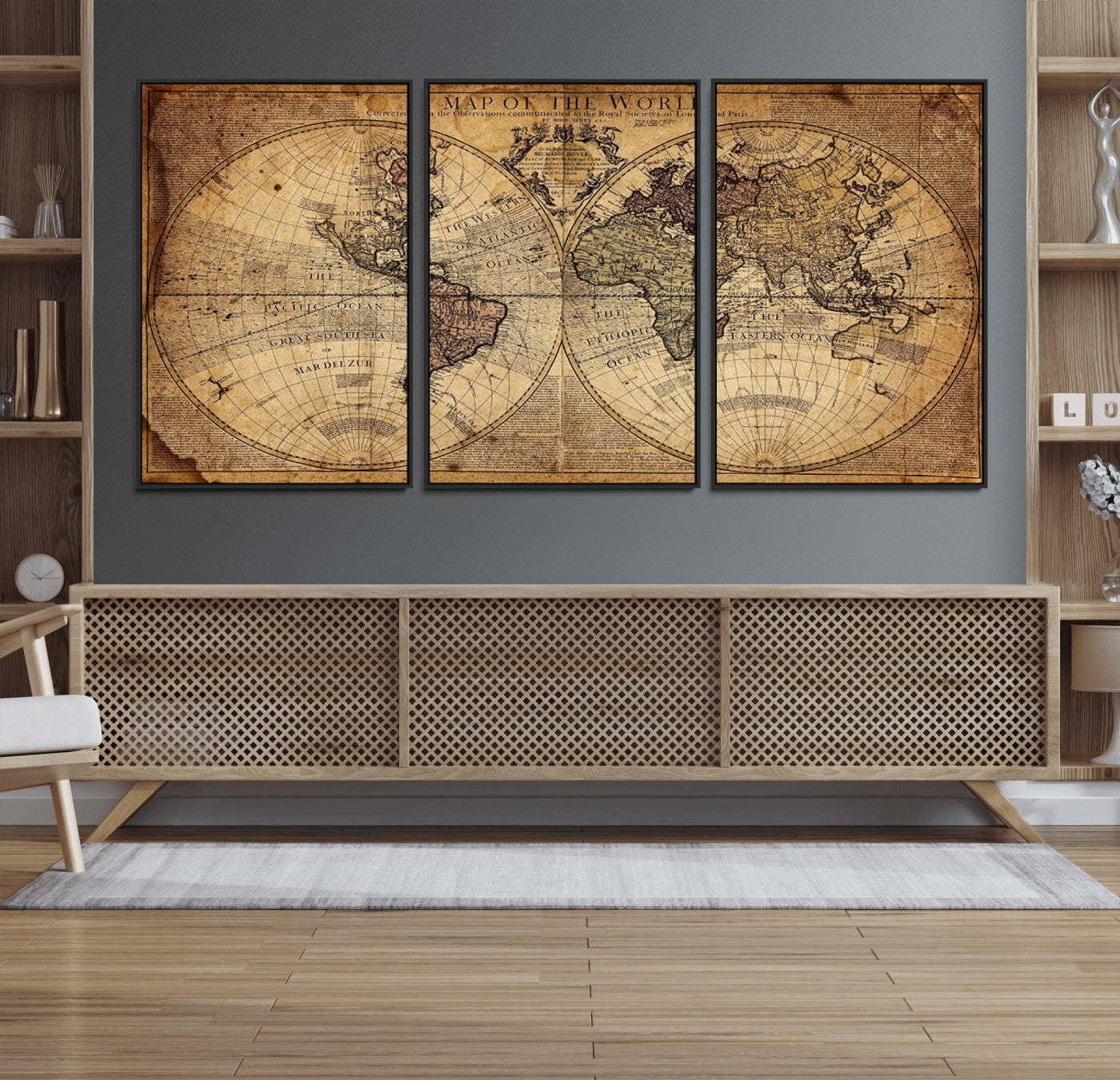 Ant1001-MGV-FC-60X30-3P_Black-Vintage World Map Wall Art Canvas – Antique Style Push Pin Travel Map, Framed Decorative Wall Decor for Home, Office