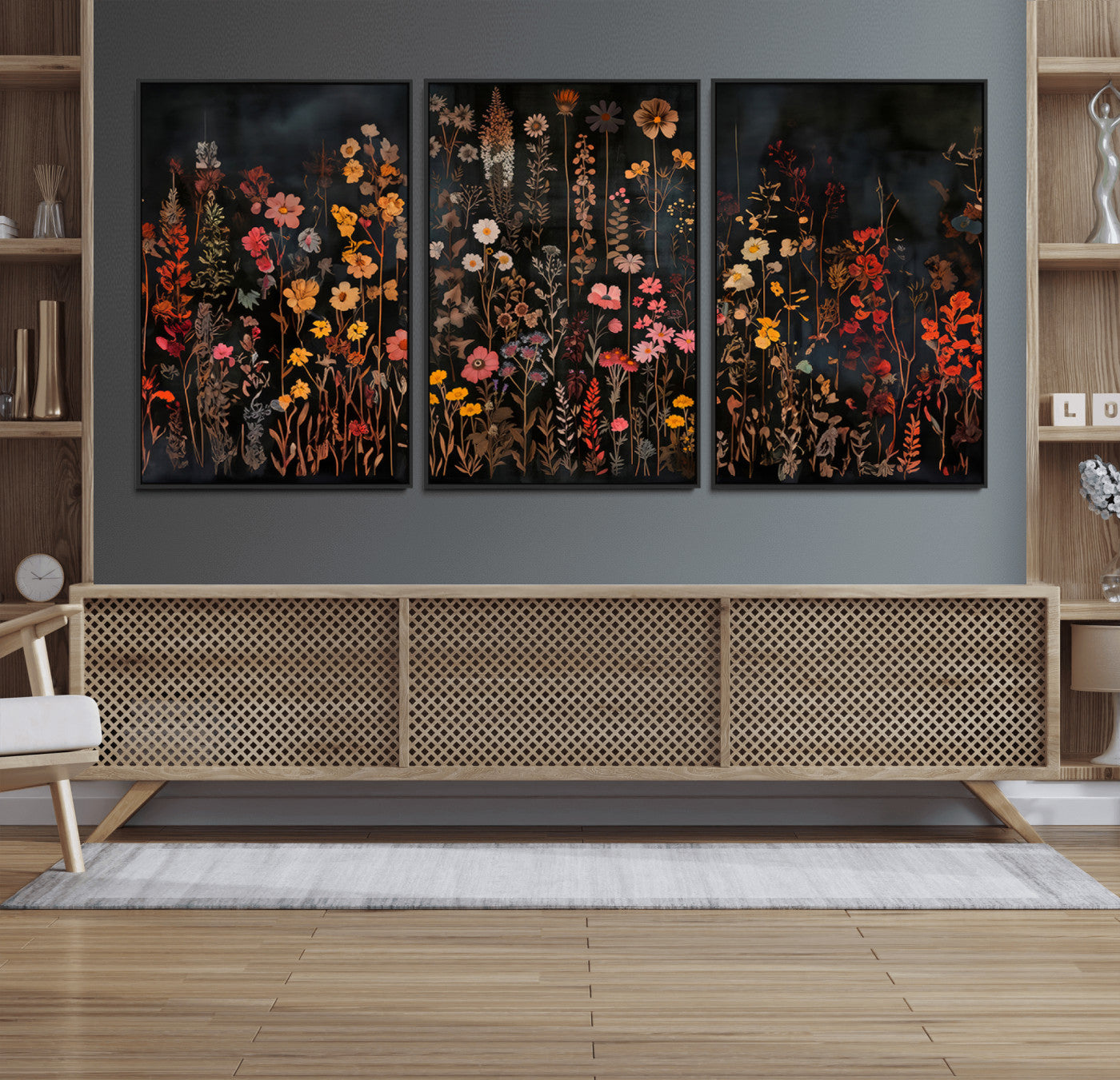 AbstFLF-MGV-FC-60X30-3P_Black-Large Floral Painting Print Illustration Flowers Canvas Wall Art Botanical Wall Decor Modern