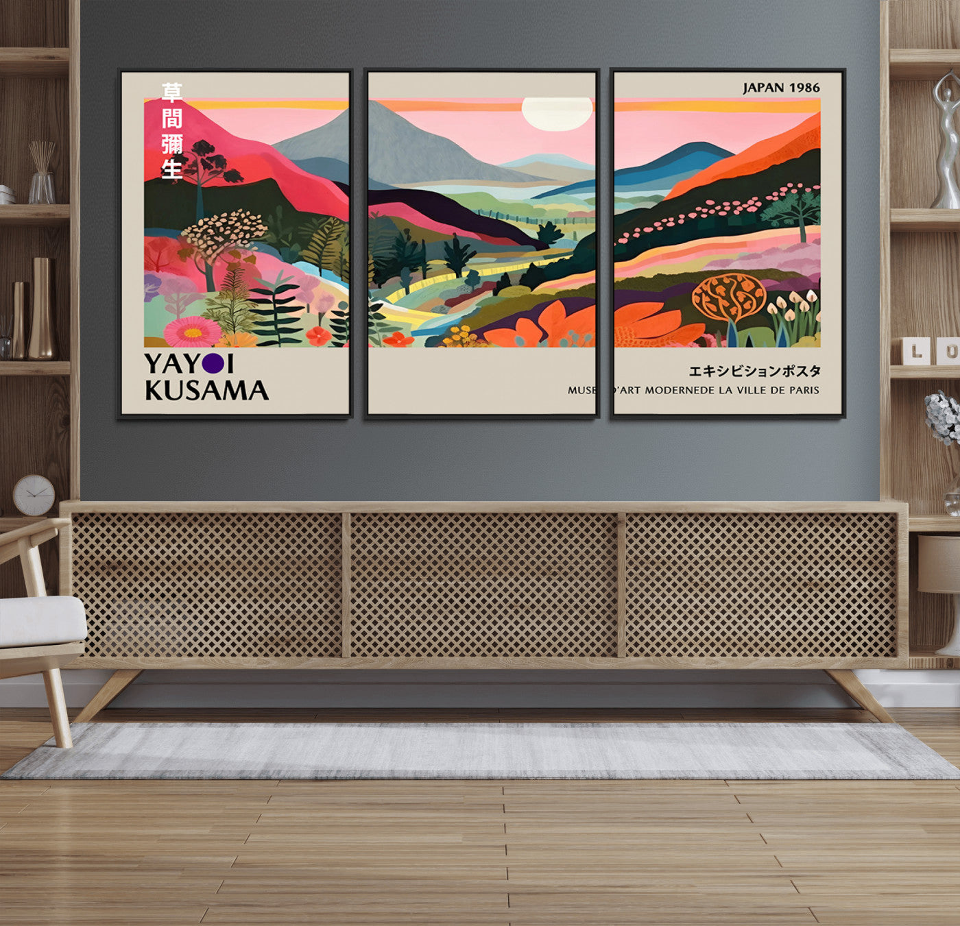 33411-MGV-FC-60X30-3P_Black-Yayoi Kusama Japan 1986 Wall Art Canvas Print – Vibrant Wabi Sabi Japanese Abstract Landscape Artwork for Home, Office