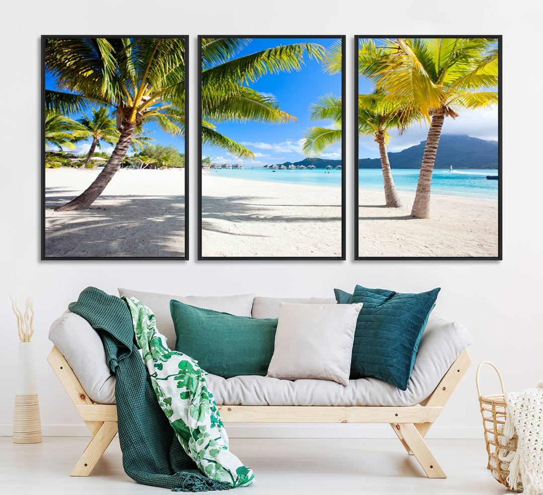 Blue Beach and Sea Wall Art Canvas Print: showcases a tropical scene with palm trees, white sand, and turquoise water.