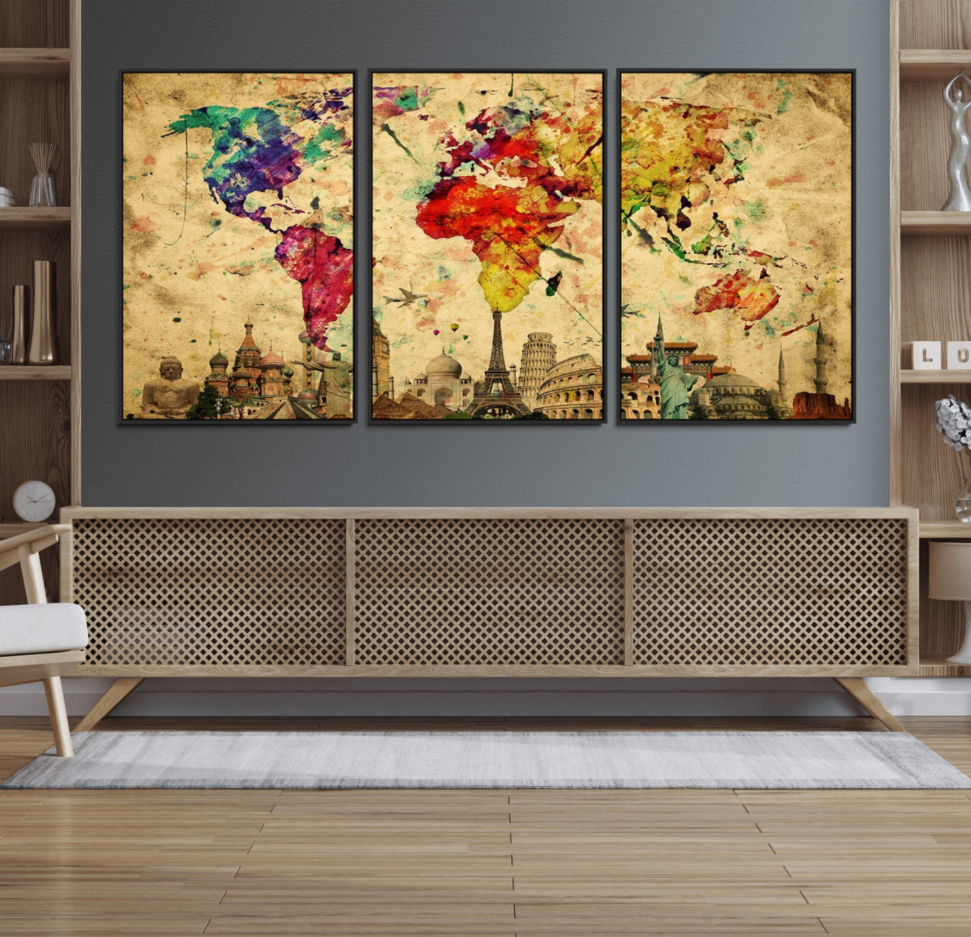 24467-MGV-FC-60X30-3P_Black-Colorful Watercolor World Map Canvas Wall Art – Framed Landmark Travel Map Print, Vibrant Global Artwork for Home and Office Decor