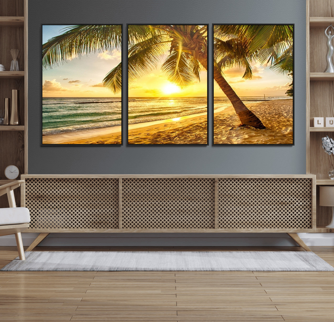 33628-MGV-FC-60X30-3P_Black-Beach Sunset Canvas Wall Art Print - Tropical Beach Canvas Wall Art Print – Vibrant Palm Trees and