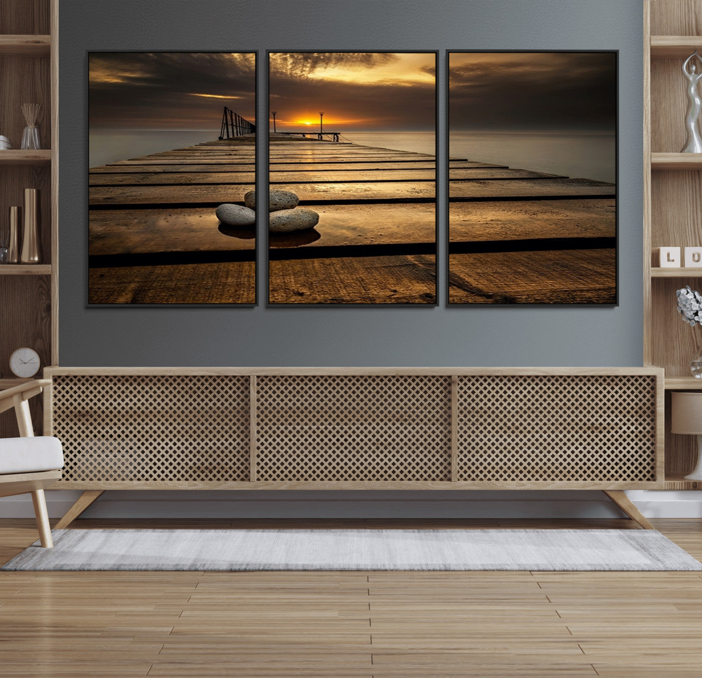 MGV-FC-60X30-3P - Stones on Wooden Pier at Sunset Canvas Print, Serene Coastal Wall Art, Beach Sunset Photography,
