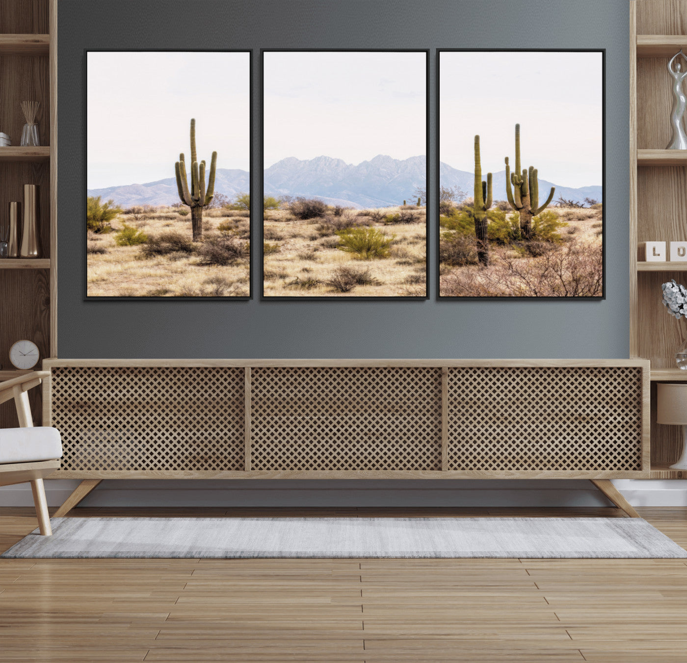 97436-MGV-FC-60X30-3P_Black-Desert Cactus Canvas Wall Art – Serene Southwestern Arizona Landscape with Majestic Mountains -