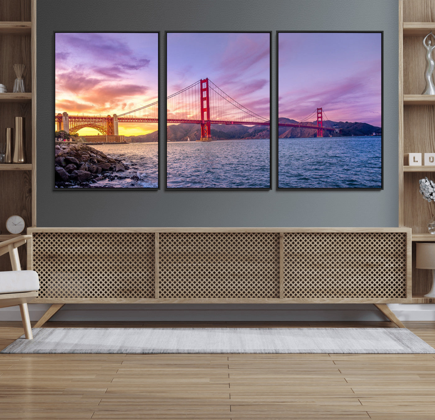 MGV-FC-60X30-3P - Golden Gate Bridge Wall Art Print, San Francisco Sunset Canvas Wall Art, Cityscape Canvas Print for