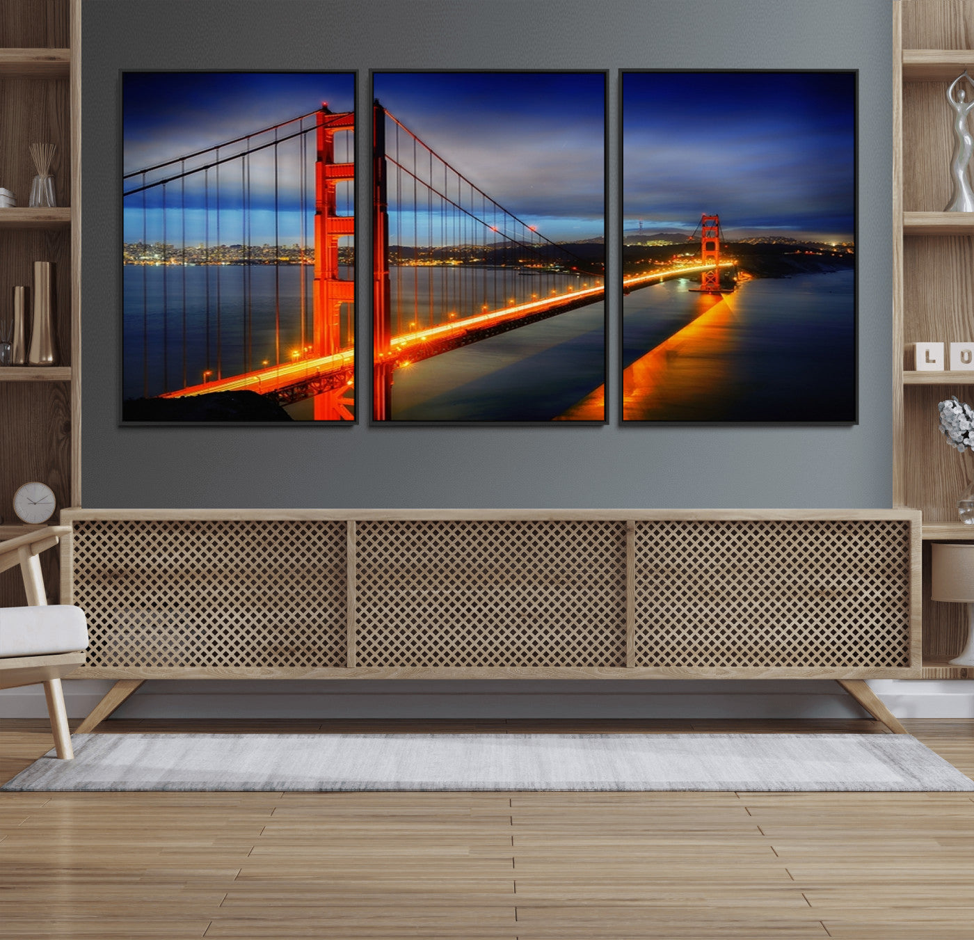 MGV-FC-60X30-3P - Large Wall Art San Francisco Canvas Print - Wonderful Golden Gate Bridge at Twilight