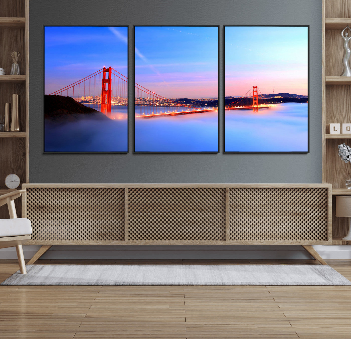 MGV-FC-60X30-3P - Golden Gate Bridge Wall Art Print, San Francisco Sunset Canvas Wall Art, Cityscape Canvas Print for