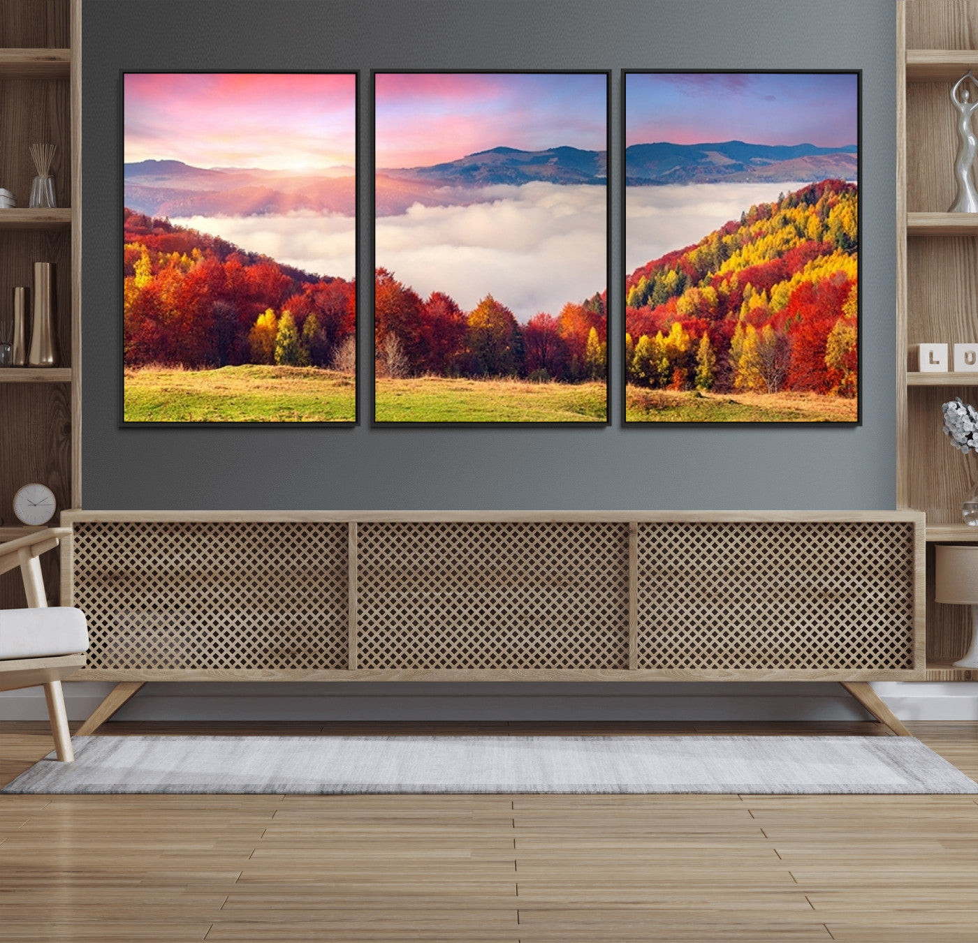 15394-MGV-FC-60X30-3P_Black-Autumn Mountain Foggy Landscape Wall Art Canvas Print | Beautiful Forest Canvas Print | Misty