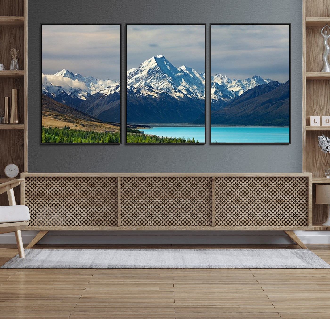 MGV-FC-60X30-3P - Mount Cook and Lake Pukaki Canvas Wall Art Print – Majestic Snow-Capped Peaks and Serene Lake Wall