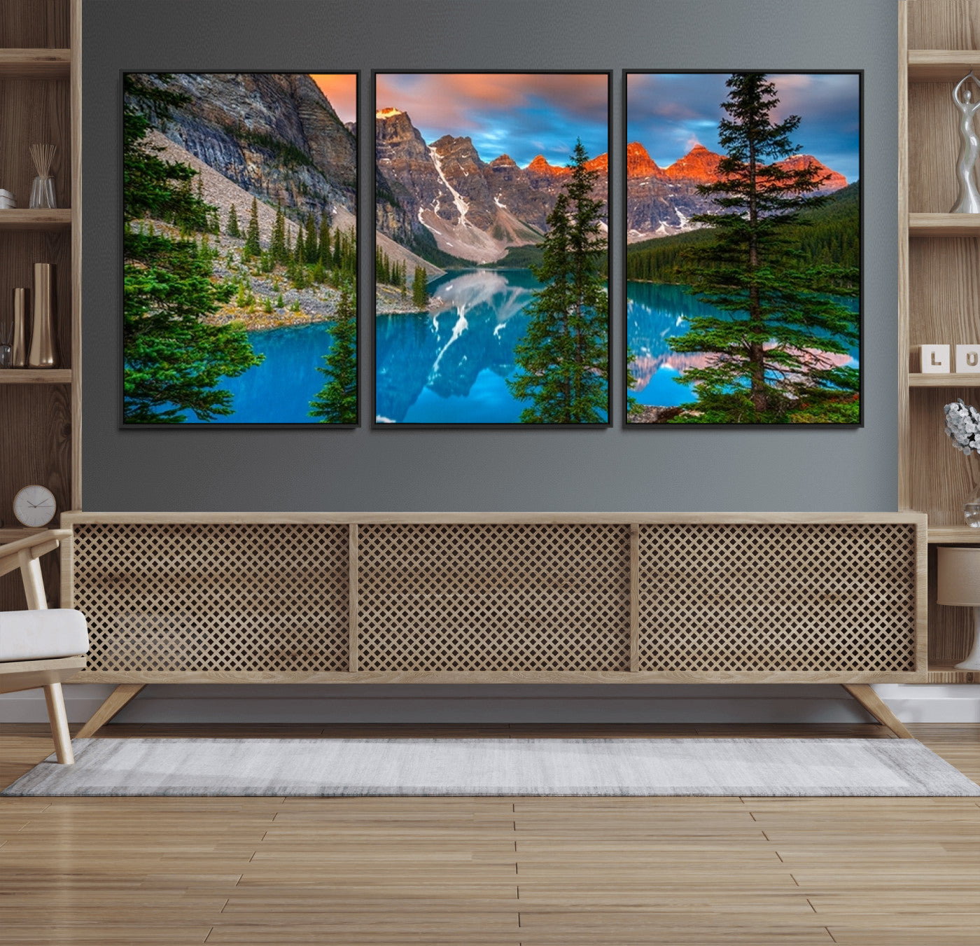MGV-FC-60X30-3P - Canadian Rockies Moraine Lake Wall Art Canvas Print, Pine Trees Mountain Spring Canvas Print