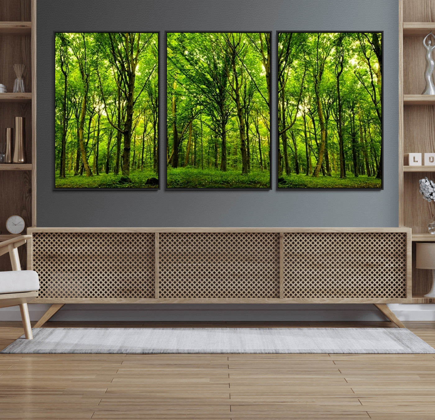 10744-MGV-FC-60X30-3P_Black-Lush Green Forest Canvas Print | 3-Panel Forest Wall Art | Nature Landscape for Living Room