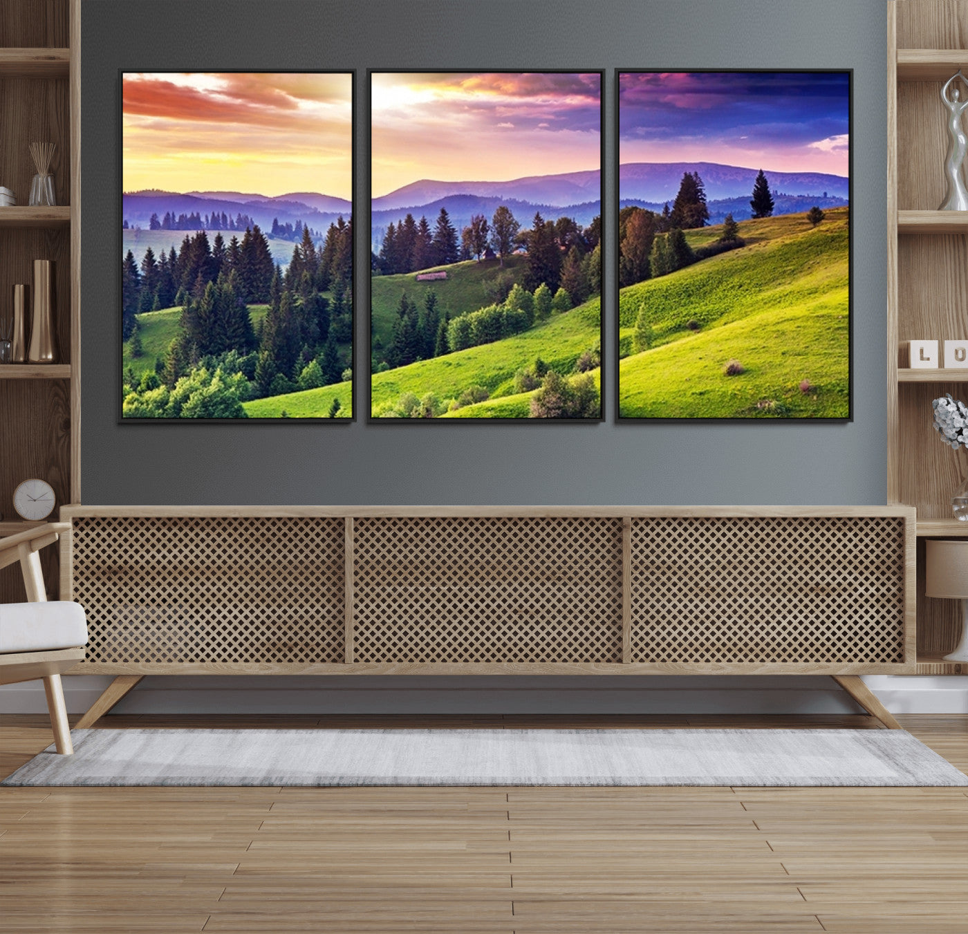 34314-MGV-FC-60X30-3P_Black-Green Hills and Sunset Wall Art Print - Scenic Landscape with Lush Greenery and Vibrant Sky, Ready