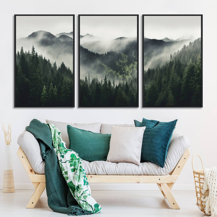 Serene and mystical landscape of misty mountains and dense evergreens, ideal for a Misty Mountain Forest Canvas Wall Art Print.