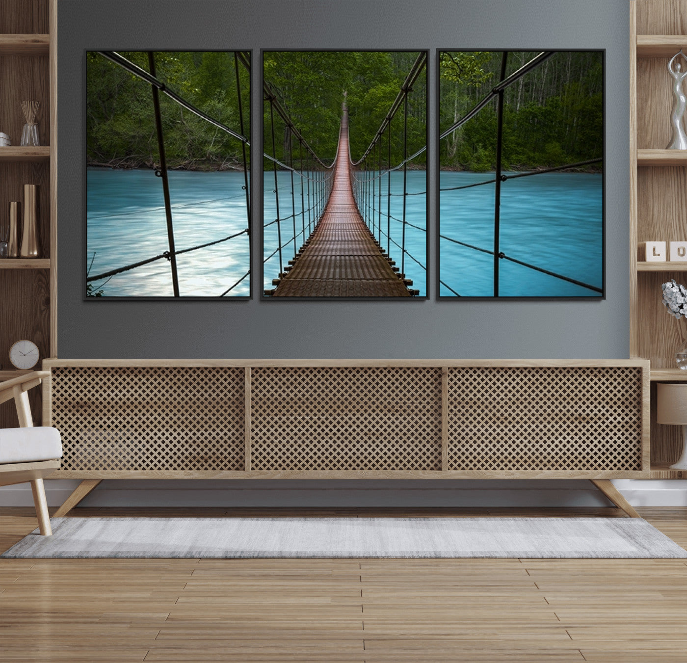 70229-MGV-FC-60X30-3P_Black-Suspension Bridge Over River Canvas Art | 3-Panel Nature Photography | Scenic Wall Art for Living