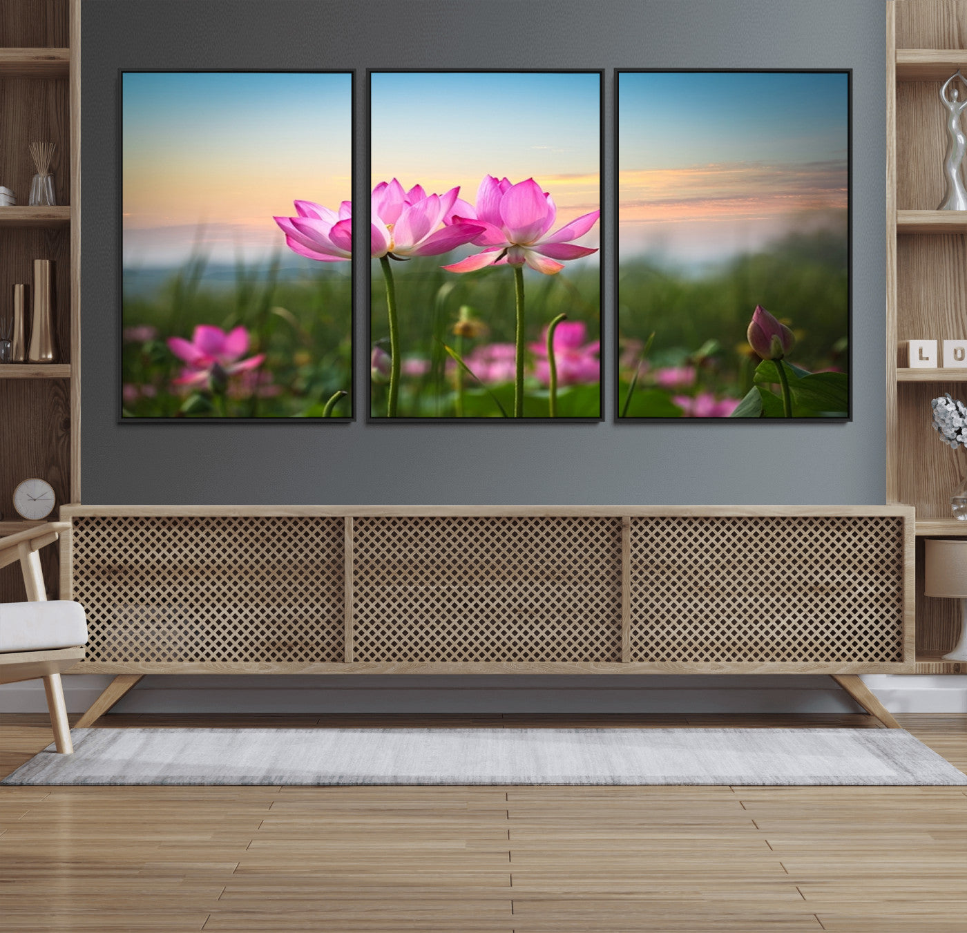 64234-MGV-FC-60X30-3P_Black-Pink Flower on the Mountain Canvas Print, Framed Pink Flower Canvas Wall Art