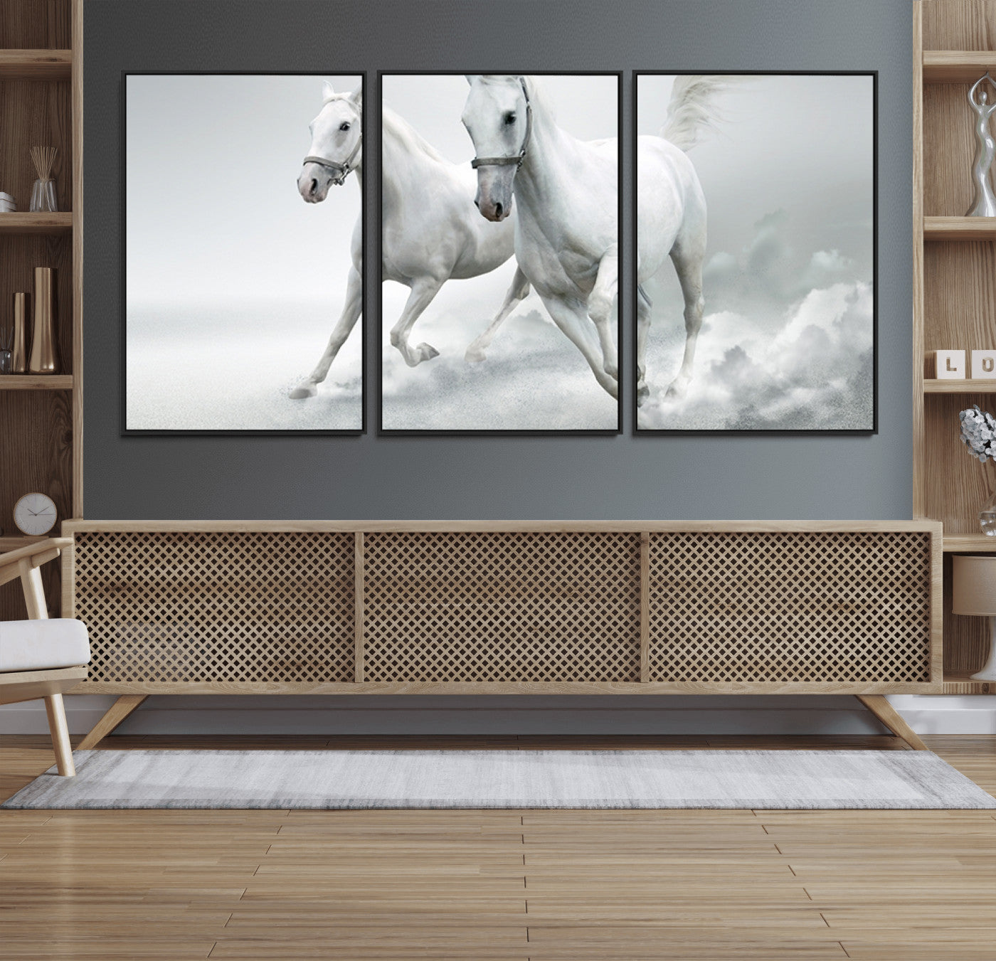 99992-MGV-FC-60X30-3P_Black-Large Wall Art Canvas Print – Beautiful Running White Horses Animal Artwork for Home, Office, Living Room