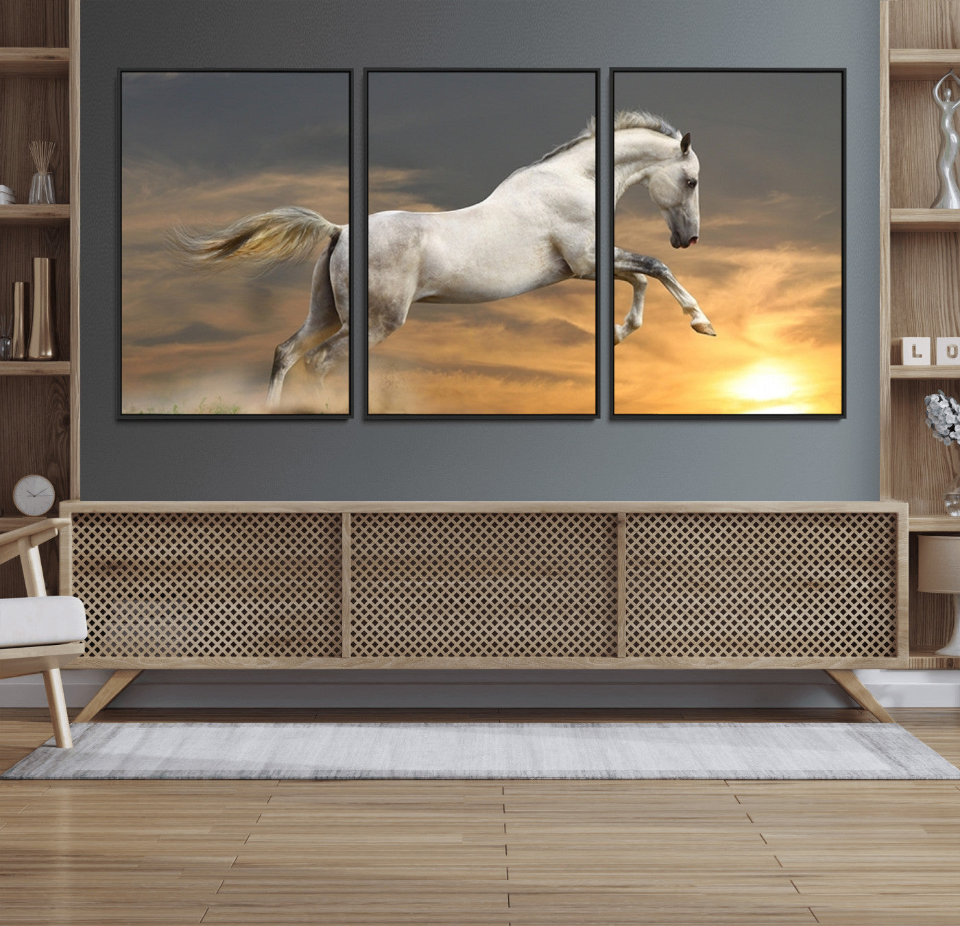 96845-MGV-FC-60X30-3P_Black-Large Wall Art Canvas Print – White Jumping Horse Sunset Scene Animal Artwork for Home, Office, Living Room Decor