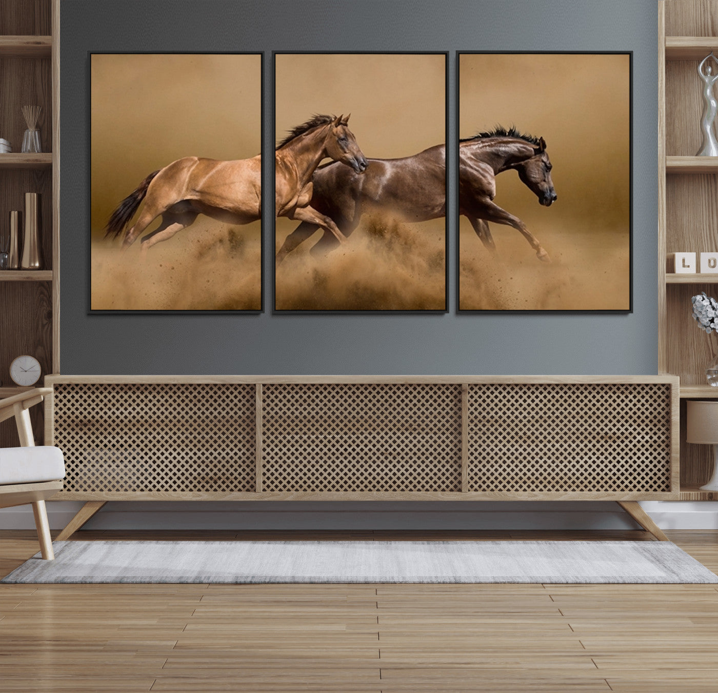 53721-MGV-FC-60X30-3P_Black-Large Wall Art Canvas Print – Two Running Brown Horses Motion Animal Artwork for Home, Office, Living Room Decor