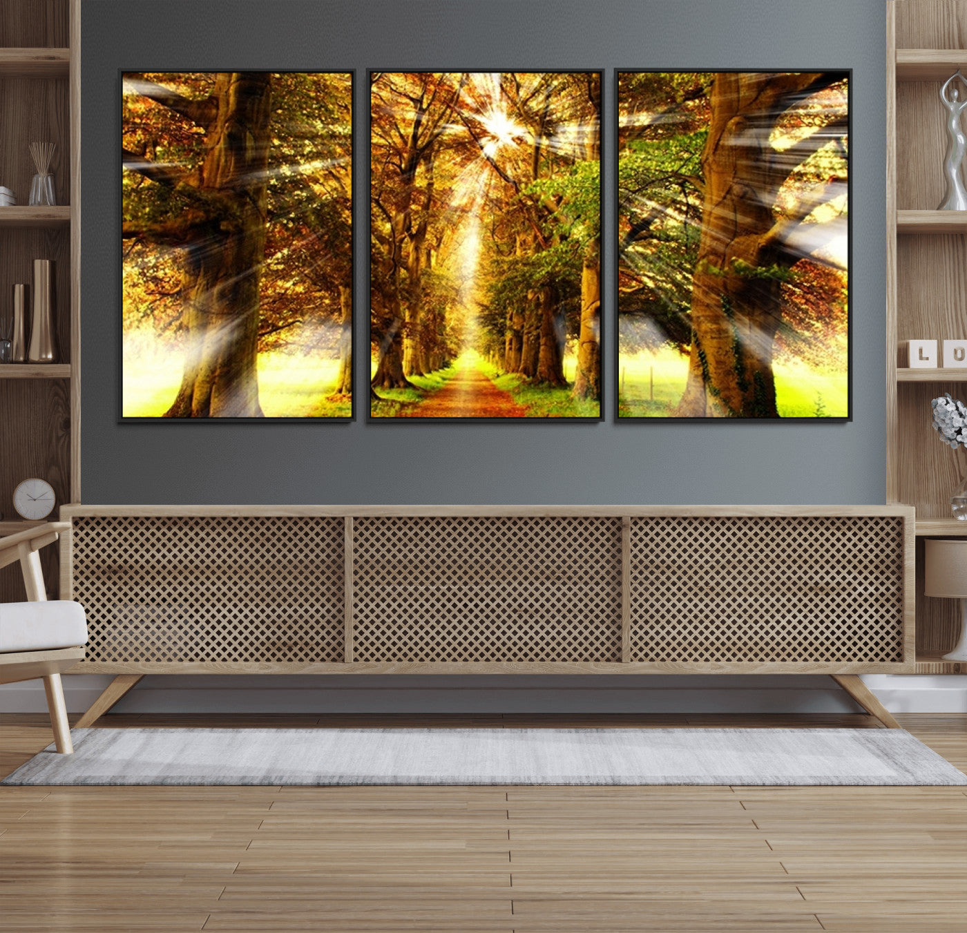 50243-MGV-FC-60X30-3P_Black-Sunshine in Forest and Trees Wall Art Canvas Print